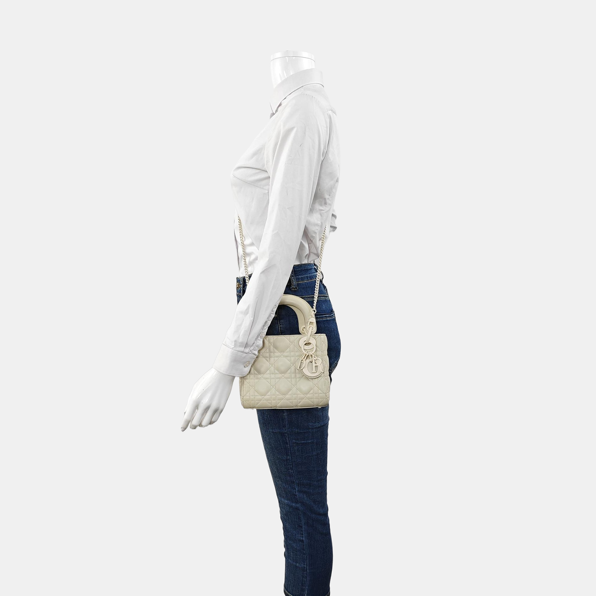 Authenticated pre-owned  Lady Dior Mini Cannage Calfskin White - Tote Bag at Looply
