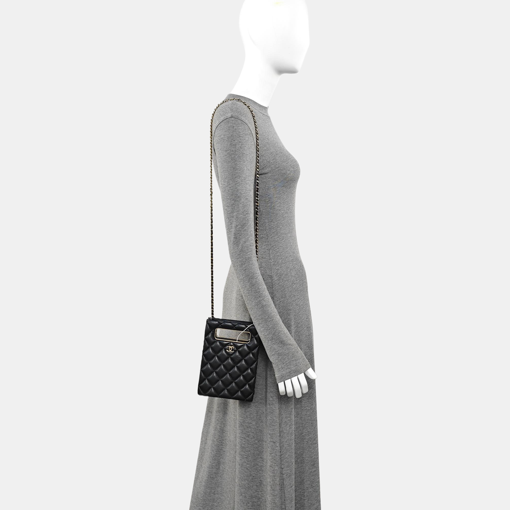 Quilted Grained Calfskin Shoulder Bag Black