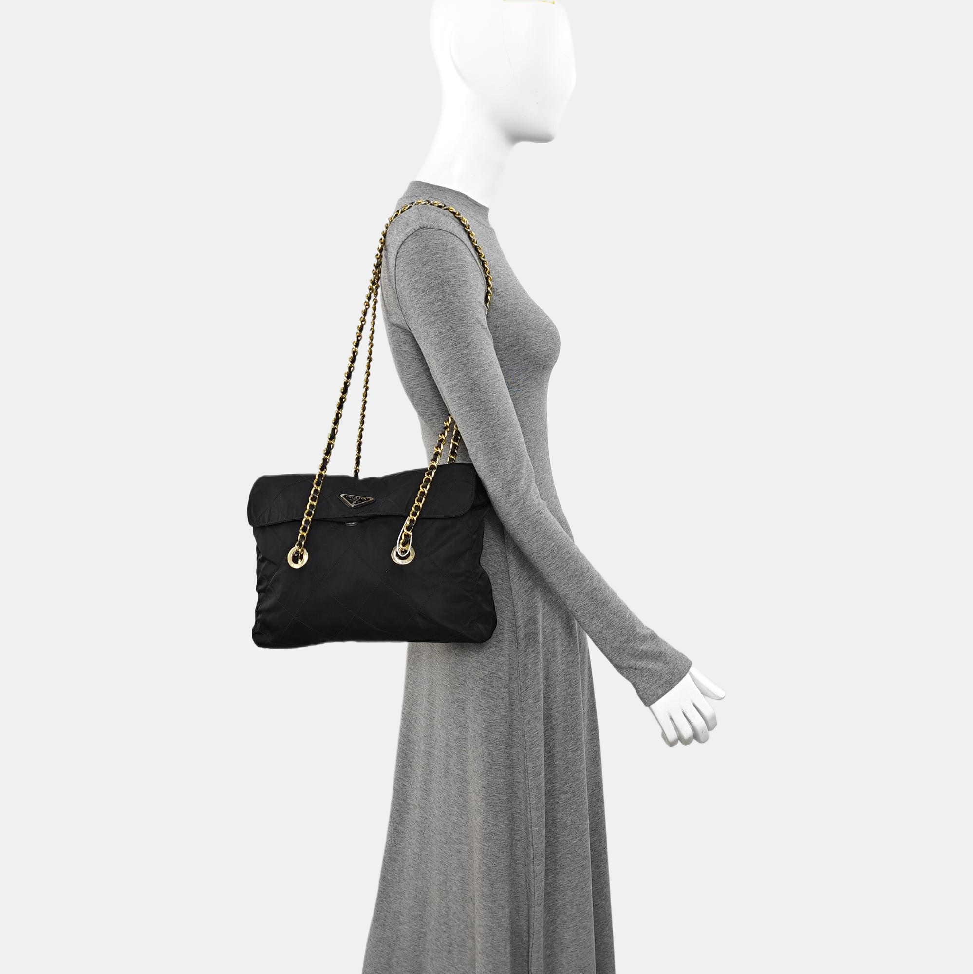 Quilted Nylon Shoulder Bag Black