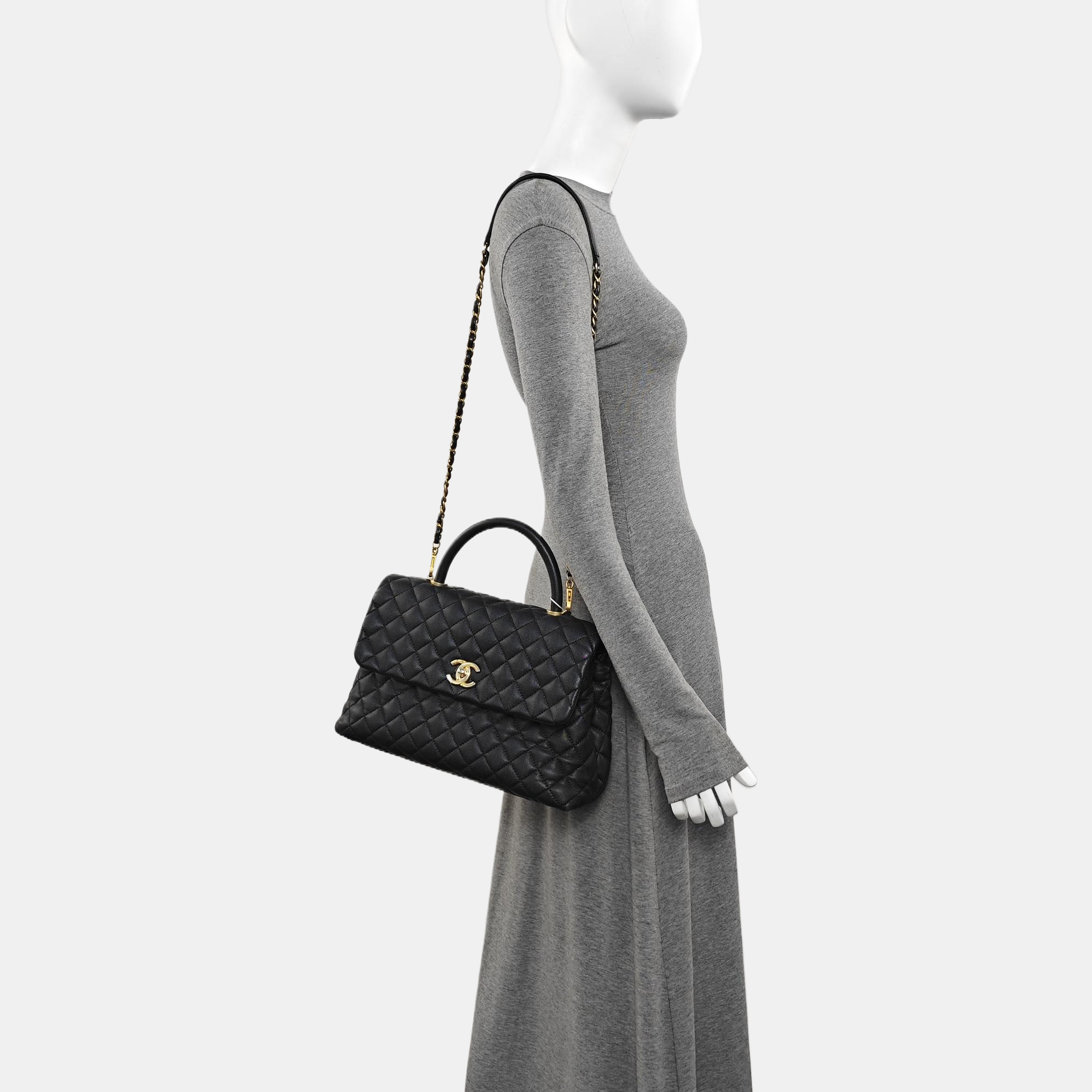 COCO HANDLE Large Quilted Grained Calfskin Black