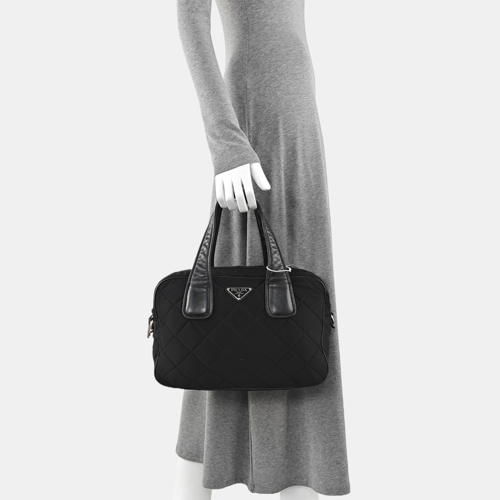 Quilted Fabric Top Handle Bag Black