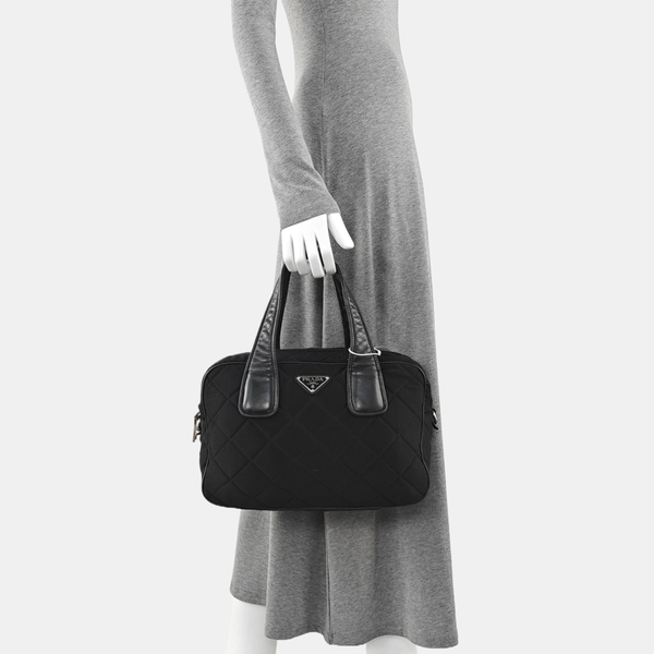Quilted Fabric Top Handle Bag Black