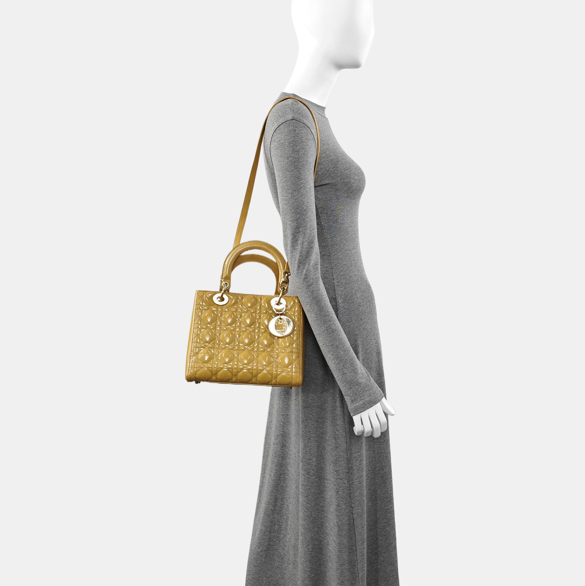 Authenticated pre-owned  Lady Dior Medium Quilted Patent Leather Yellow - Shoulder Bag at Looply