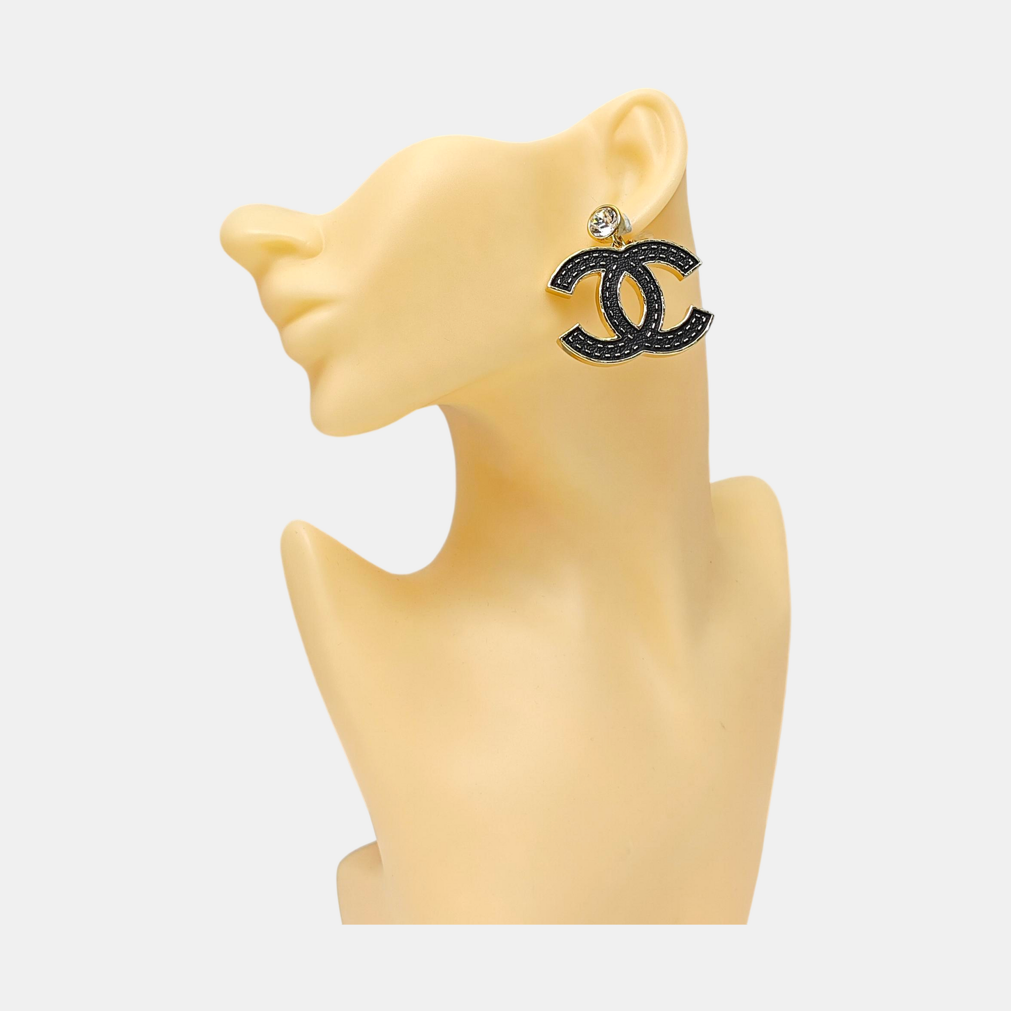 CC Logo Metal Black Clip On Earrings