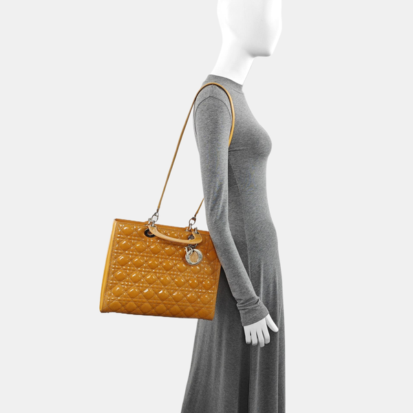 Authenticated pre-owned  Lady Dior Large Quilted Patent Leather Yellow - Tote Bag at Looply