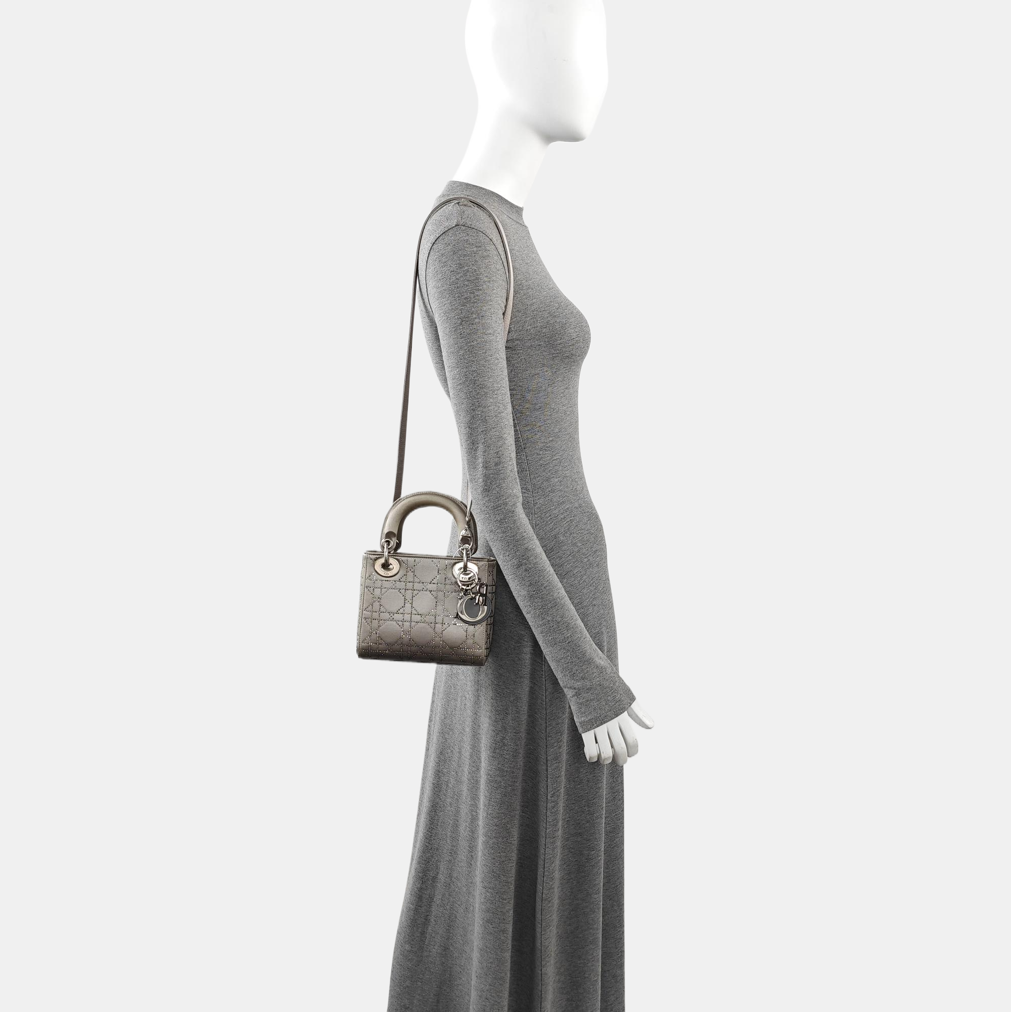 Lady Dior Mini Cannage Silk Satin Gray
