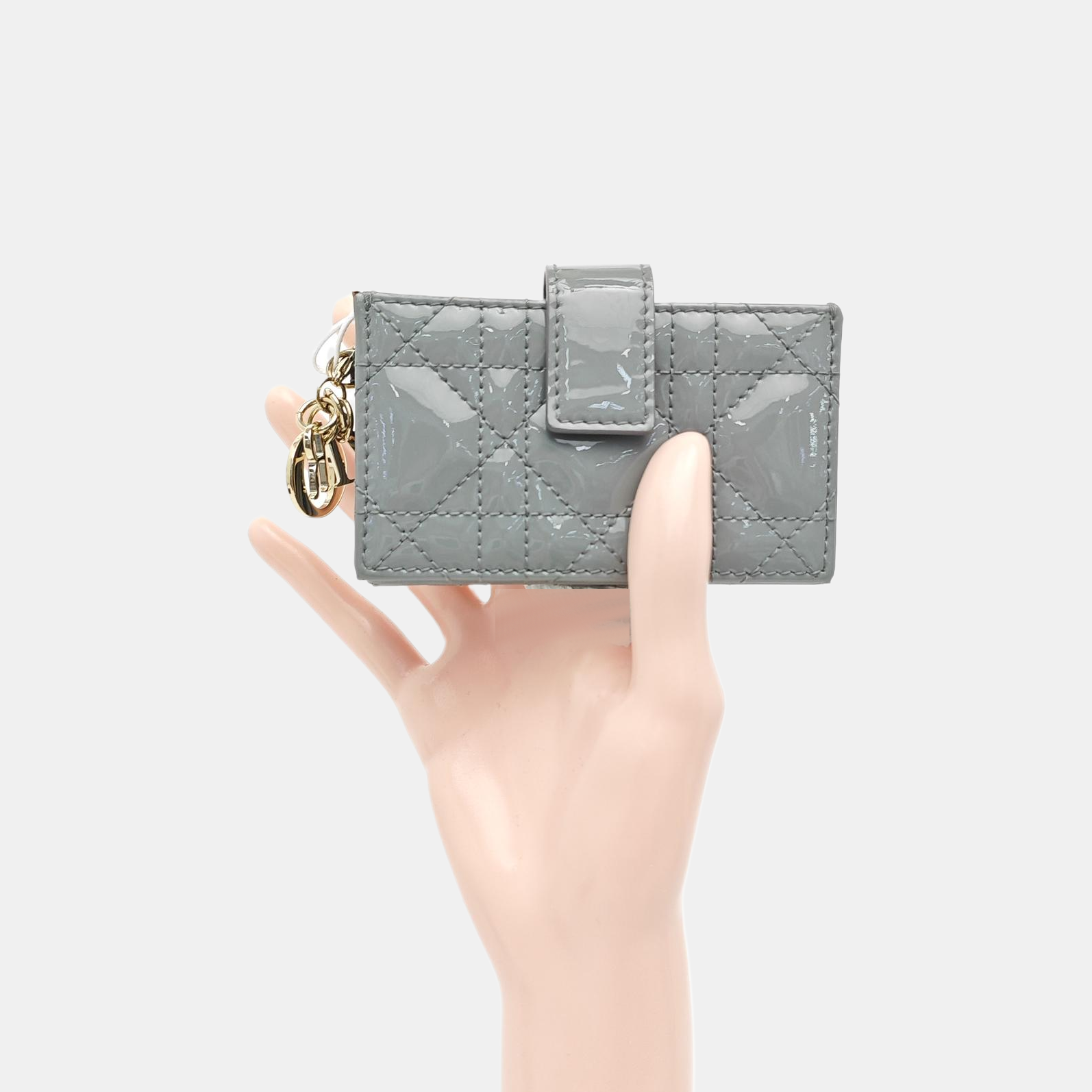 Lady Dior Super Mini Cannage Patent Leather Gray Card Holder