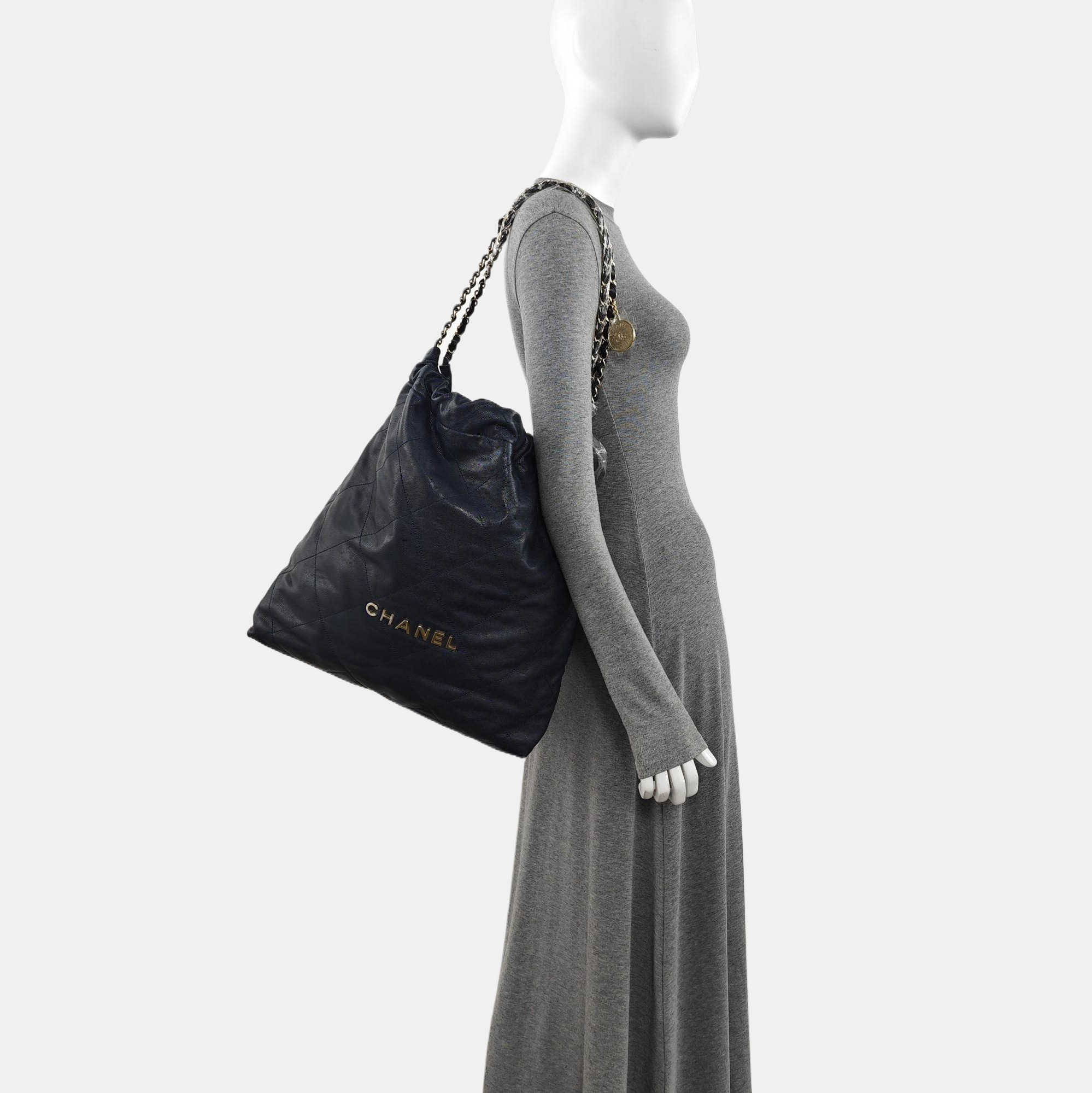 CHANEL 22 Large Quilted Grained Calfskin Blue