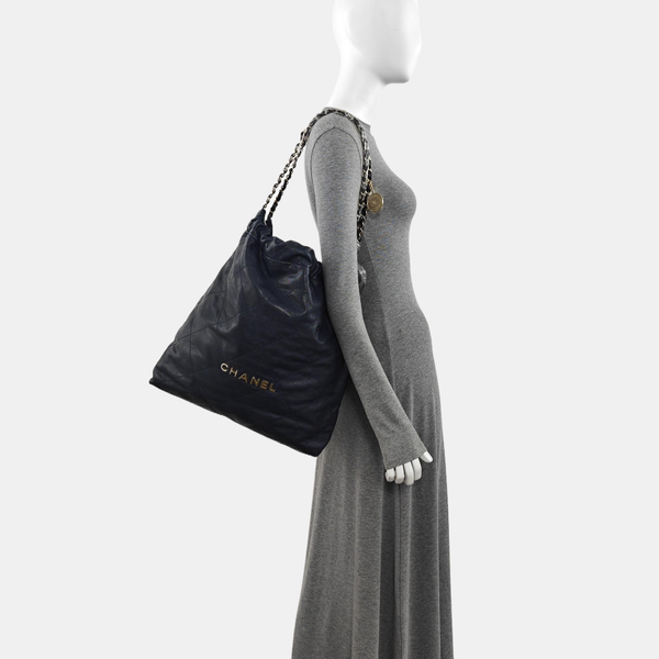 CHANEL 22 Large Quilted Grained Calfskin Blue
