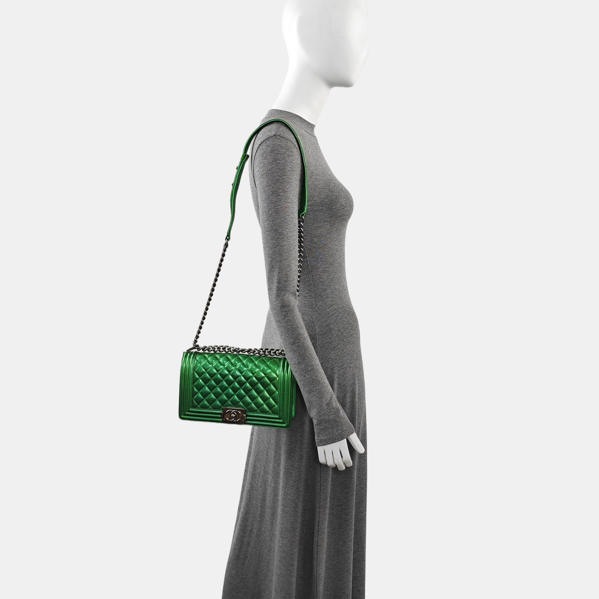 BOY CHANEL Medium Quilted Patent Leather Green