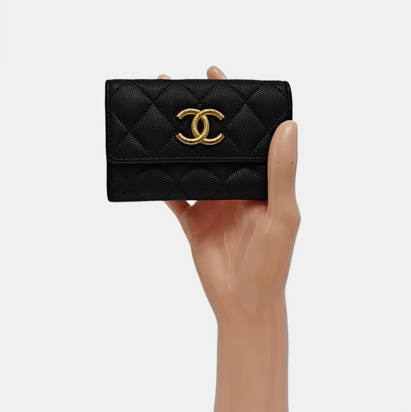 Quilted Grained Calfskin Card Holder Black