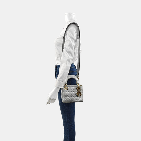 Authenticated pre-owned  Lady Dior Mini Cannage Lambskin Silver - Tote Bag at Looply