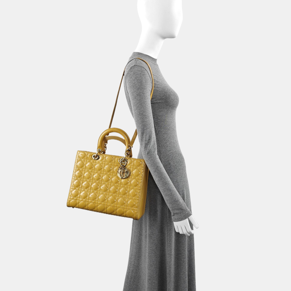 Authenticated pre-owned  Lady Dior Large Quilted Patent Leather Yellow - Tote Bag at Looply