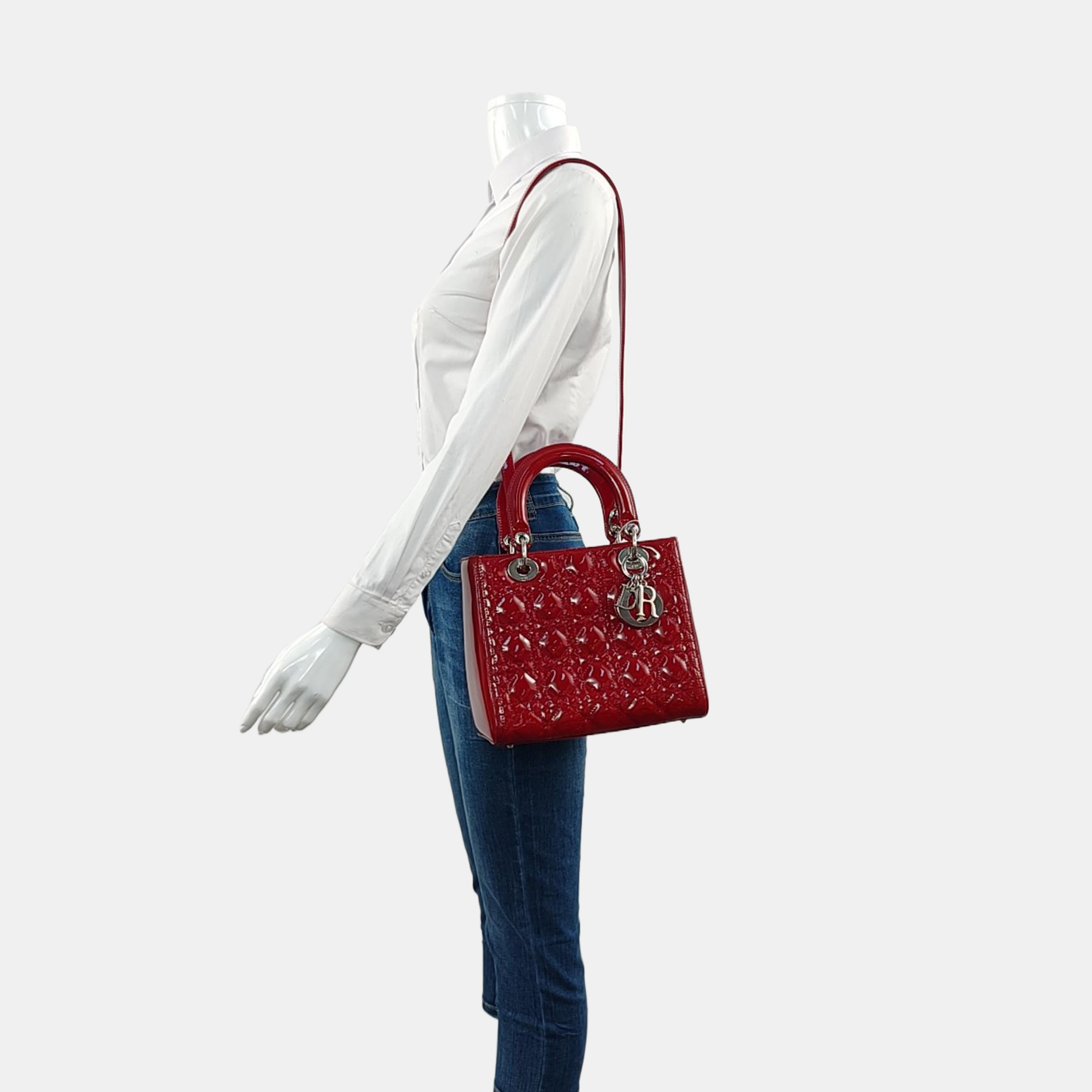 Authenticated pre-owned  Lady Dior Medium Cannage Patent Leather Red - Tote Bag at Looply