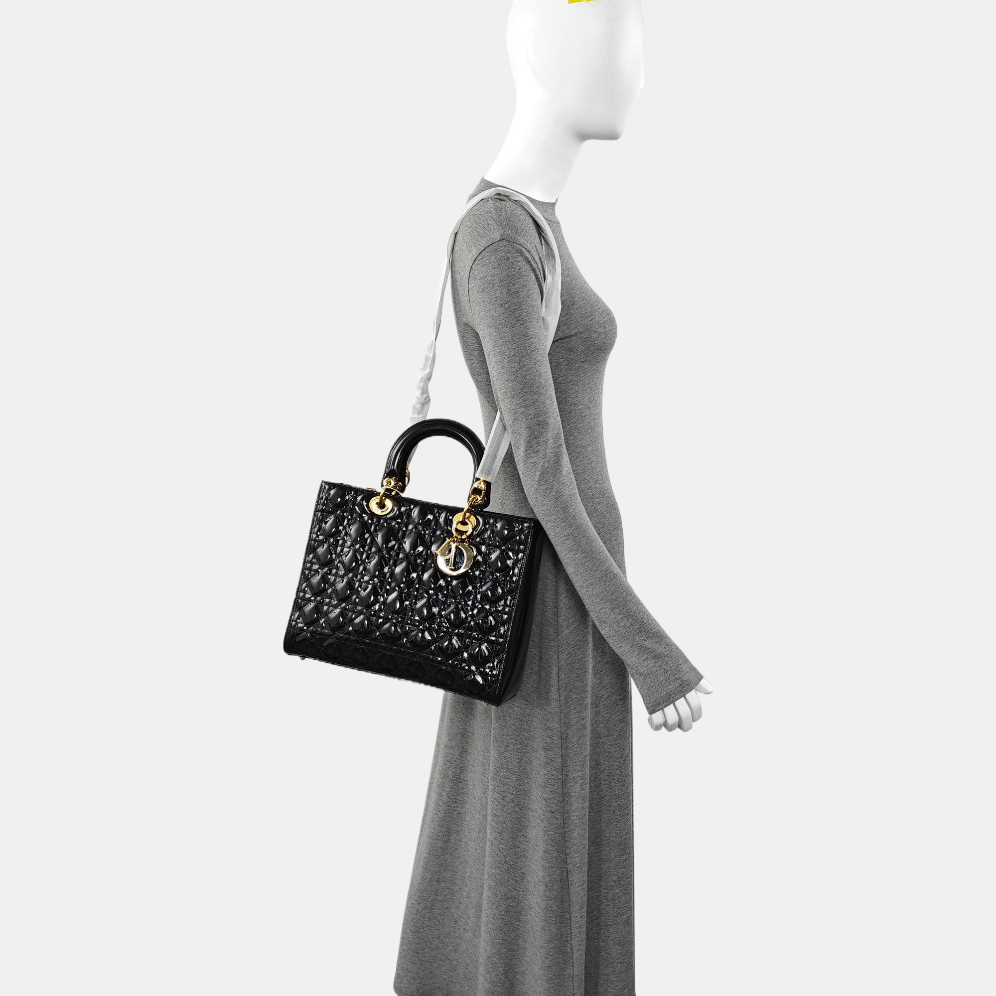 Authenticated pre-owned  Lady Dior Large Quilted Patent Leather Black - Tote Bag at Looply
