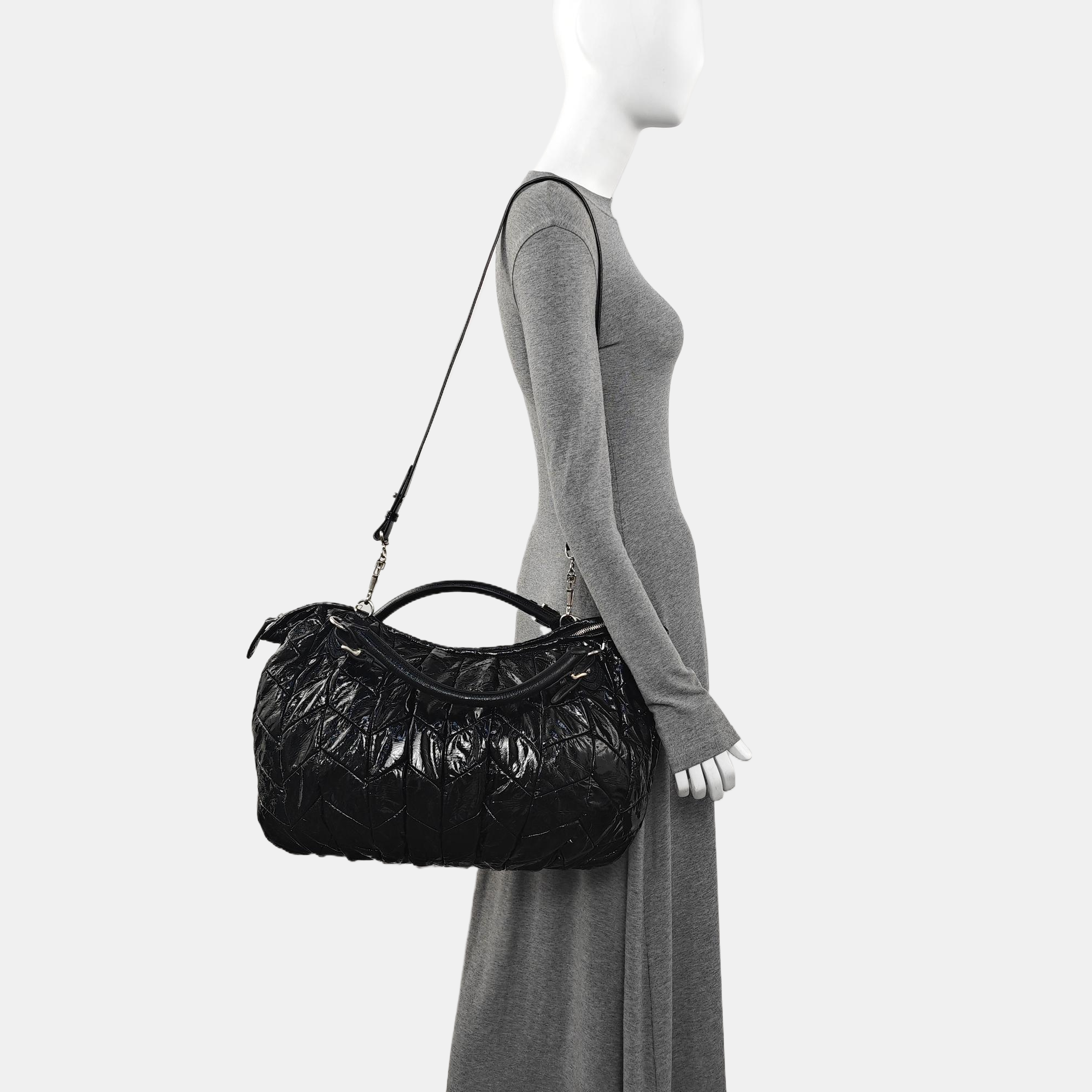 Quilted Patent Leather Tote Bag Black