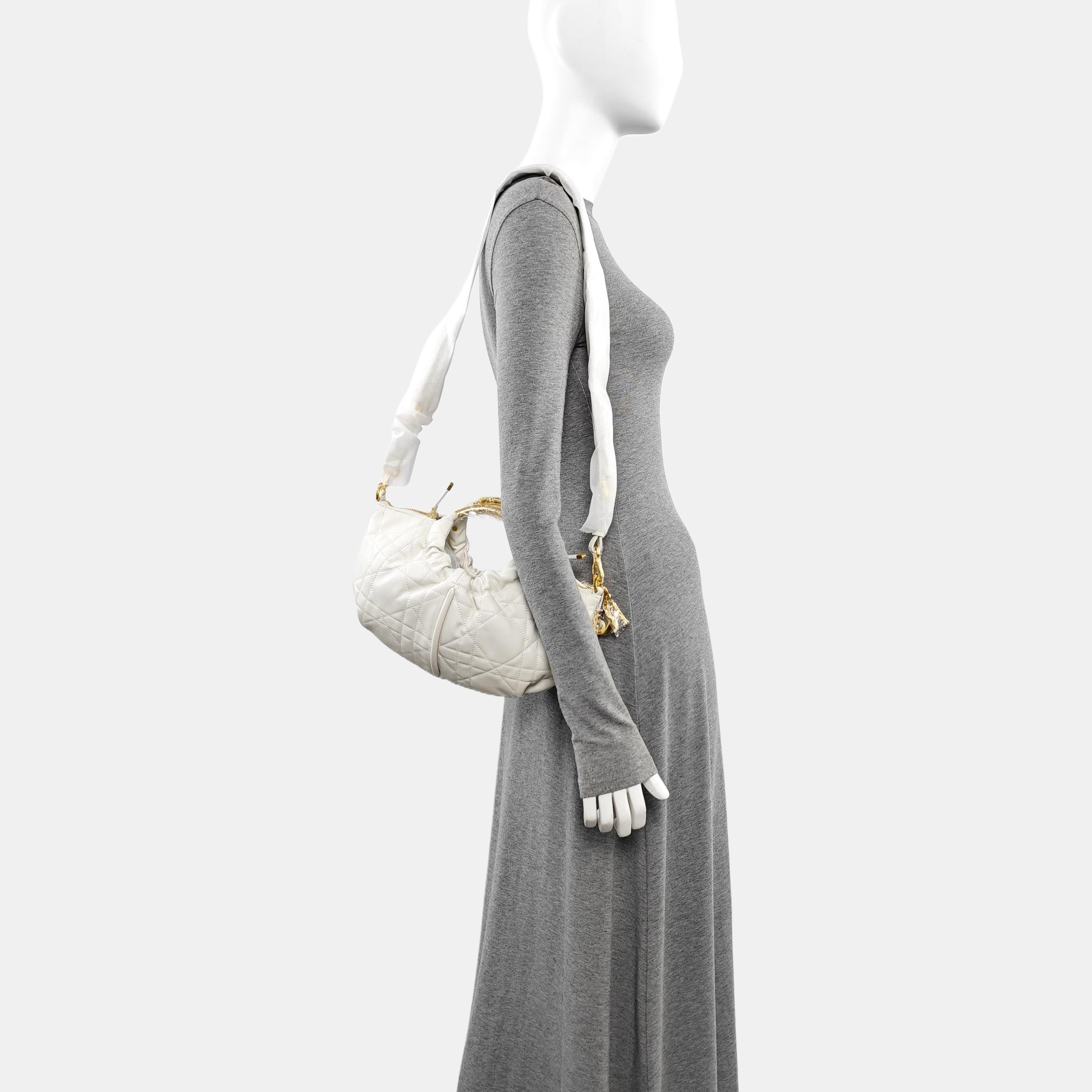 Cannage Calfskin Shoulder Bag White