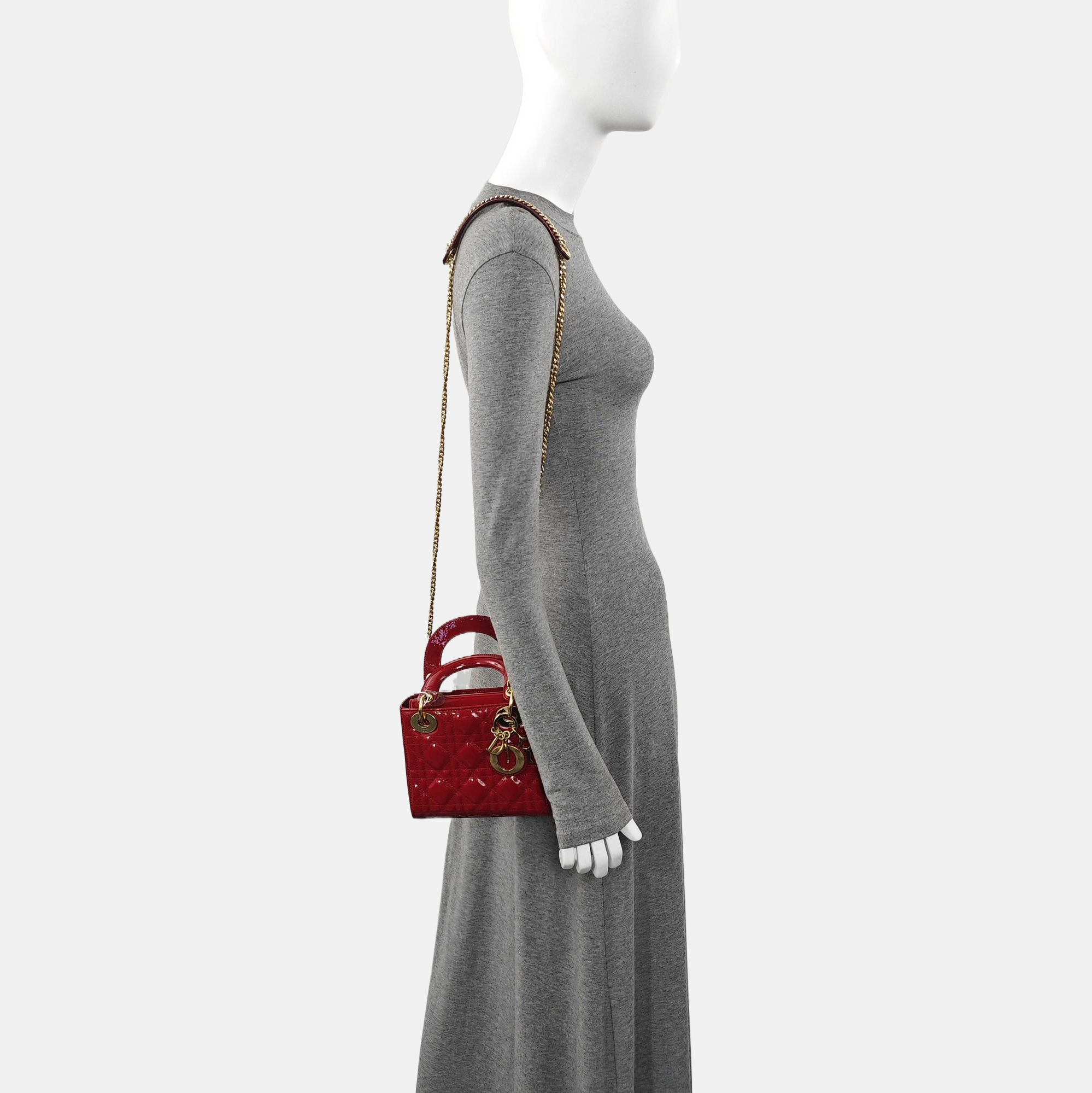 Lady Dior Mini Cannage Patent Calfskin Red
