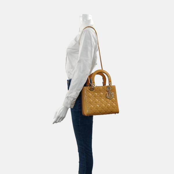 Authenticated pre-owned  Lady Dior Medium Quilted Patent Leather Yellow - Shoulder Bag at Looply