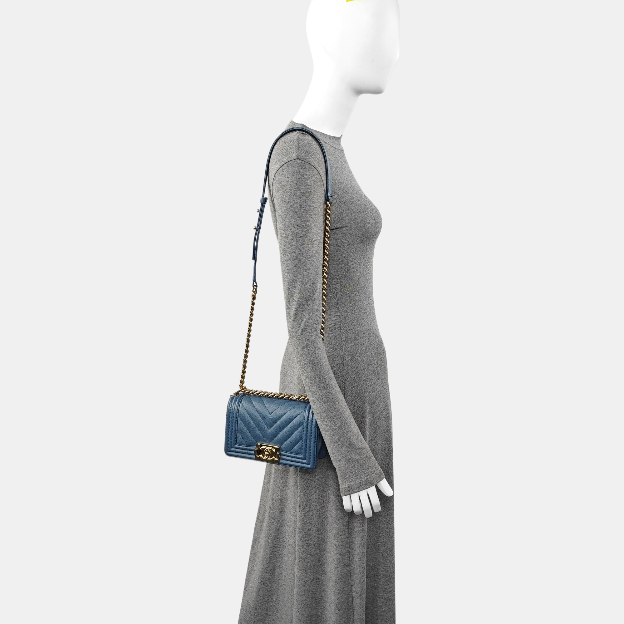 BOY CHANEL Small Chevron, Quilted Grained Calfskin Blue