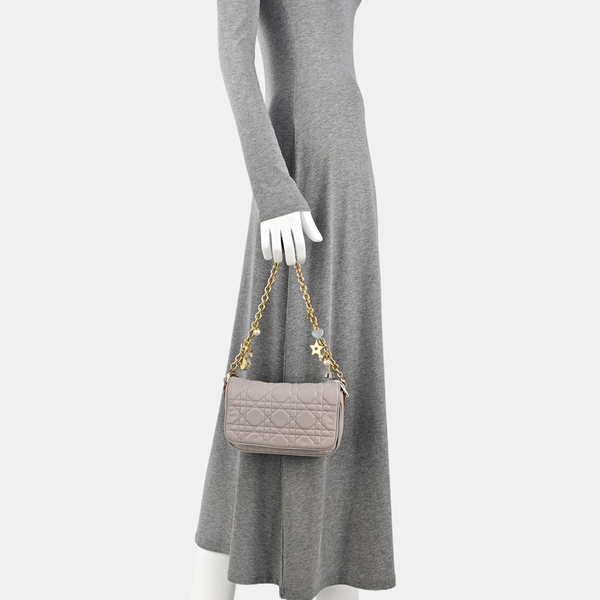 Cannage Calfskin Shoulder Bag Gray