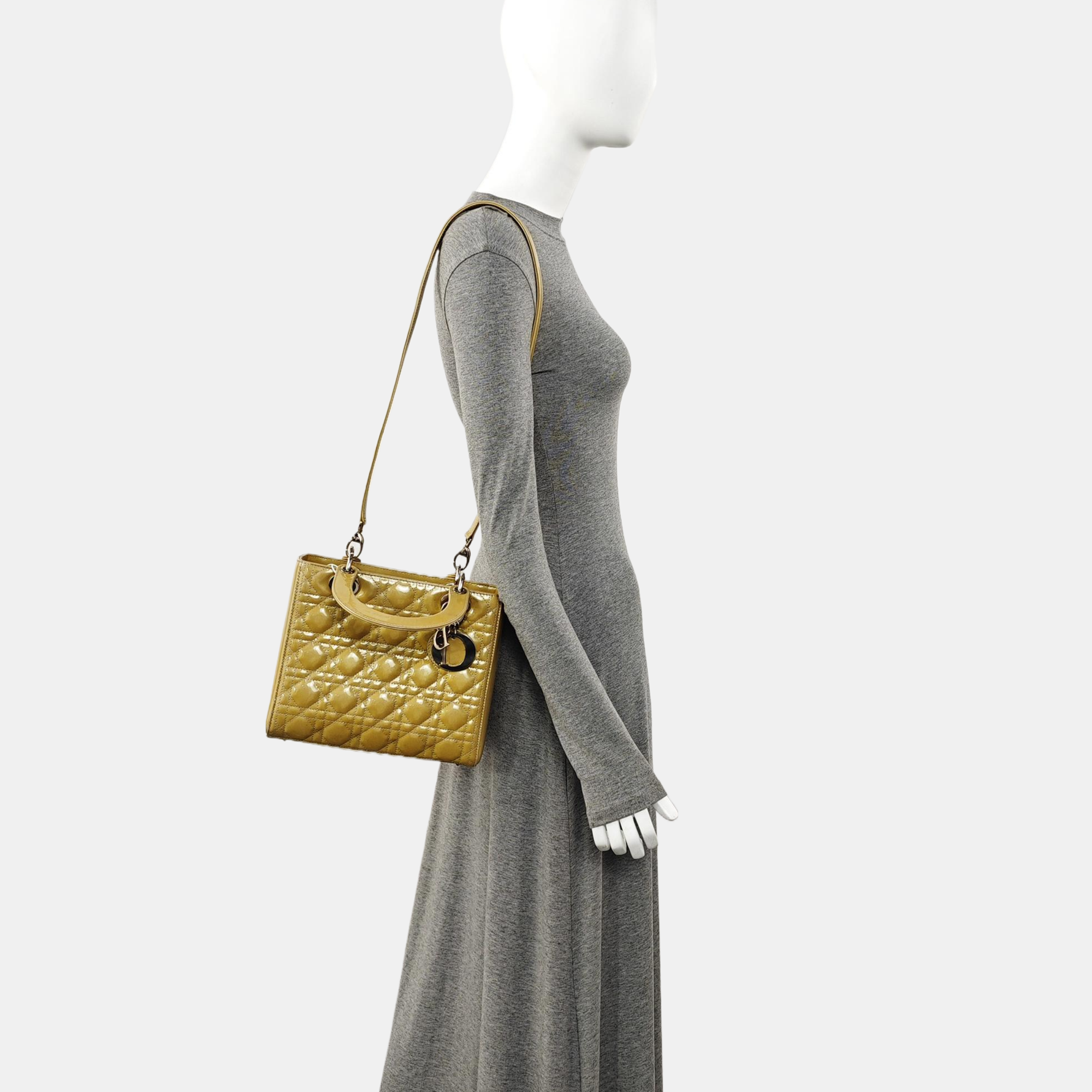 Authenticated pre-owned  Lady Dior Medium Quilted Patent Leather Green - Tote Bag at Looply
