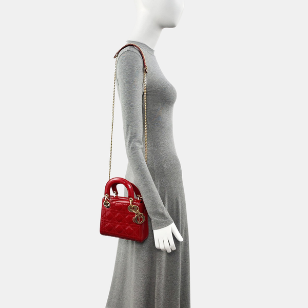 Authenticated pre-owned  Lady Dior Mini Quilted Patent Calfskin Red - Tote Bag at Looply