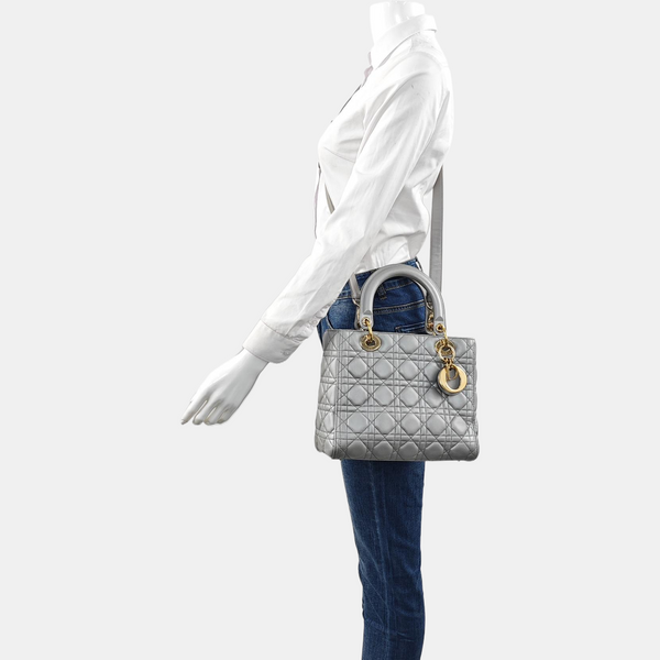 Authenticated pre-owned  Lady Dior Cannage Lambskin Silver - Shoulder Bag at Looply