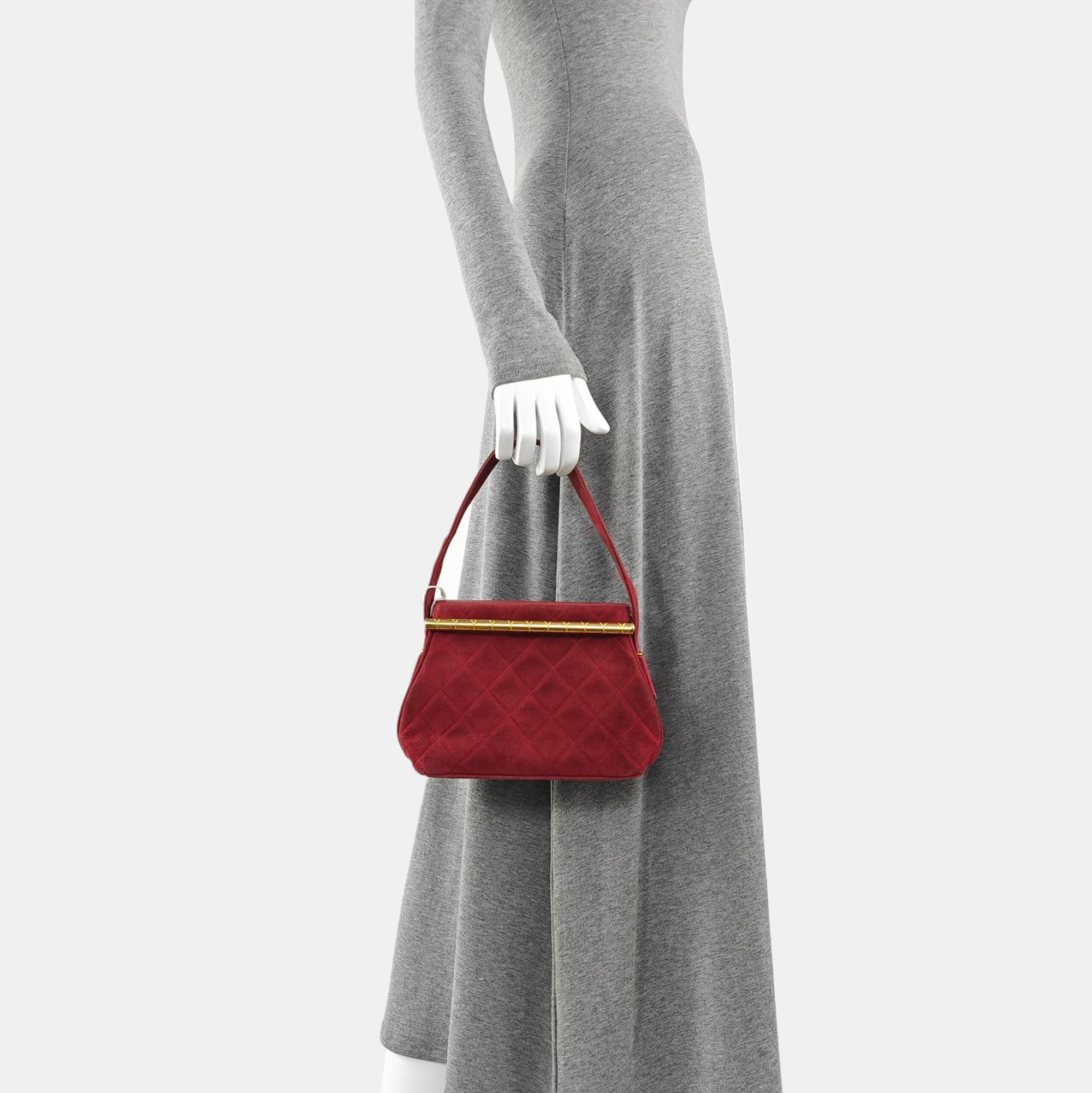 Quilted Suede Top Handle Bag Red