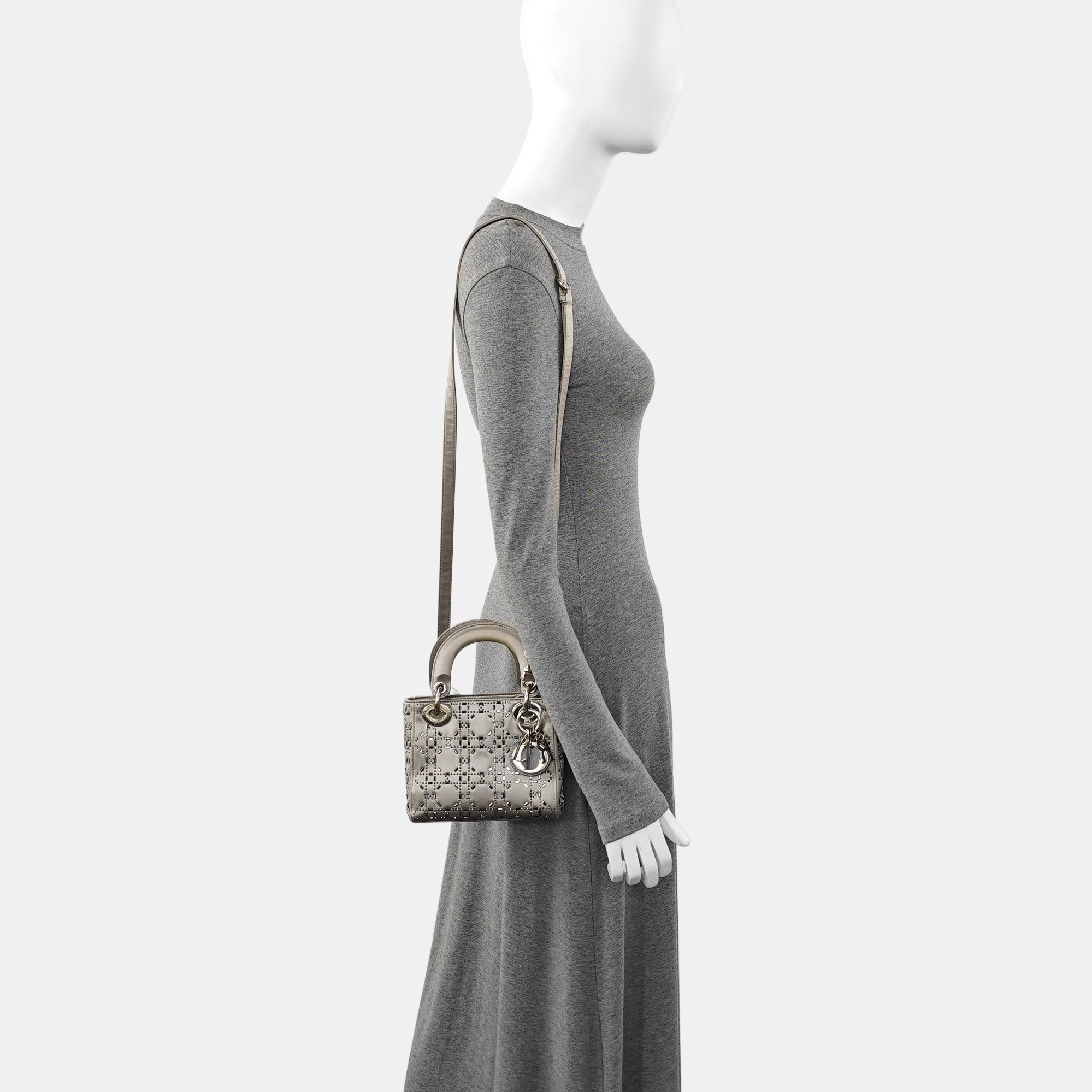 Authenticated pre-owned  Lady Dior Mini Cannage Silk Satin Grey - Tote Bag at Looply