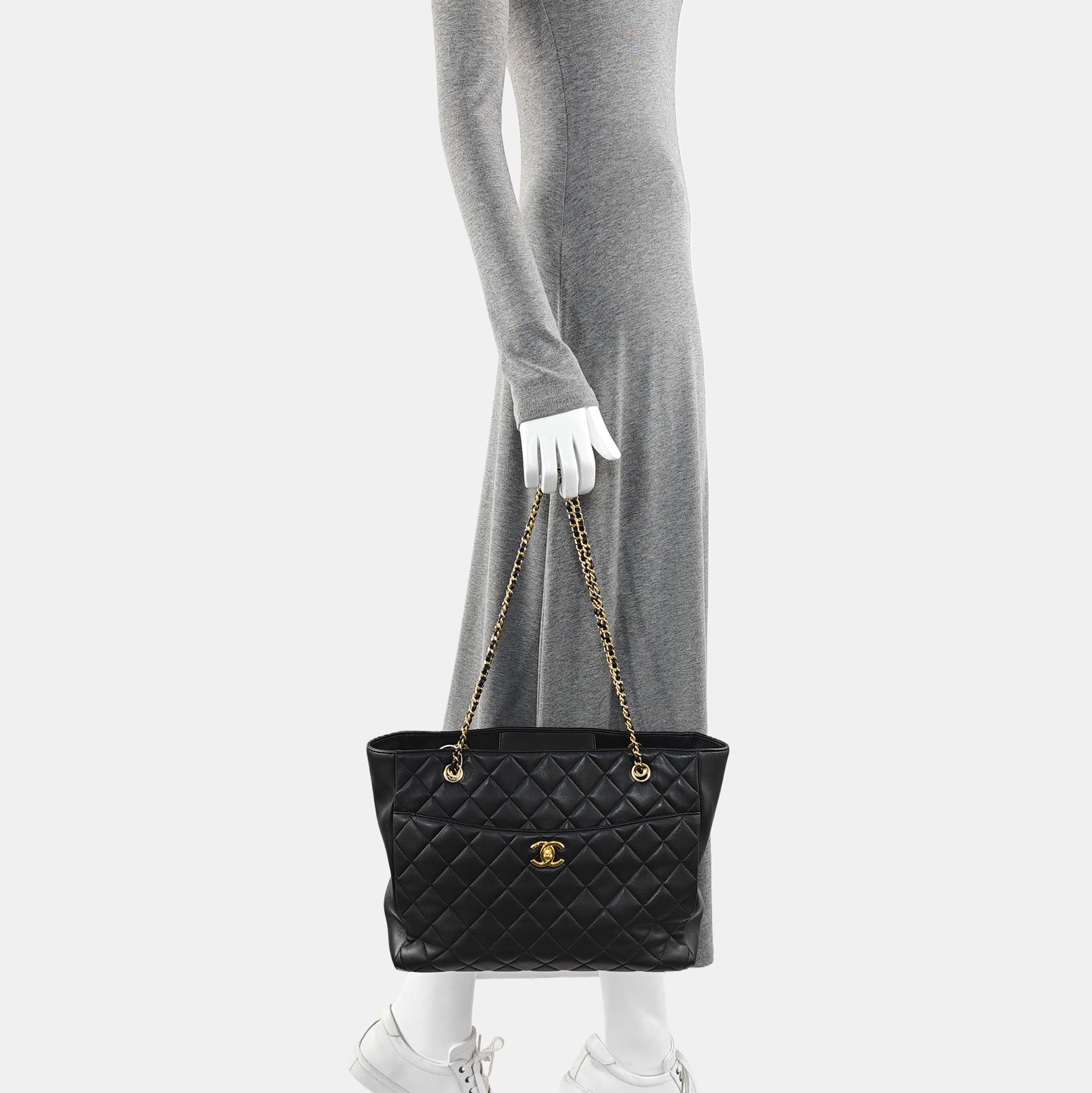 Quilted Lambskin Tote Bag Large Black