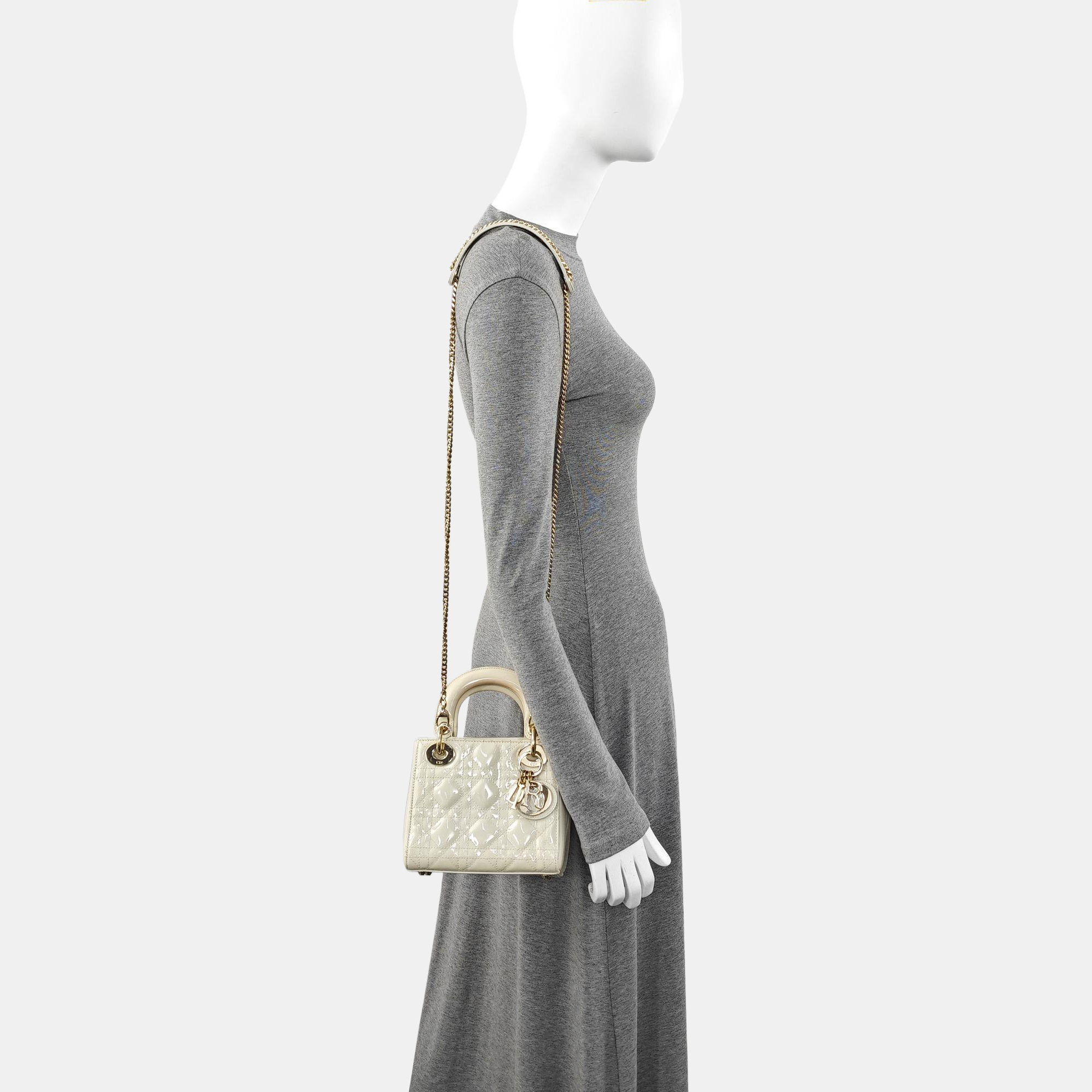 Authenticated pre-owned  Lady Dior Mini Quilted Patent Leather Yellow - Tote Bag at Looply