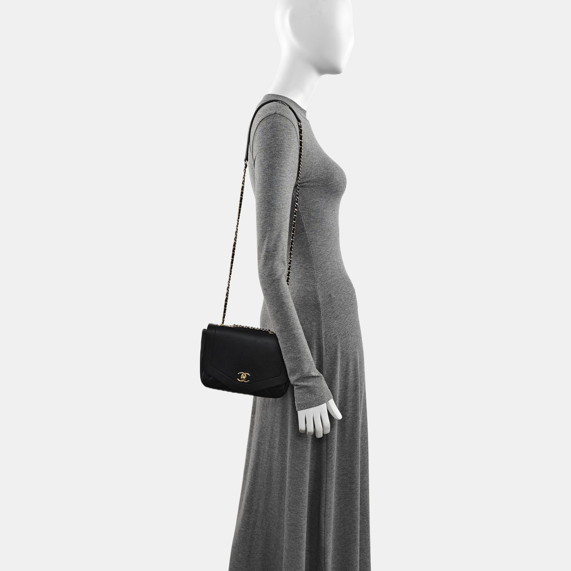 Quilted Grained Calfskin Shoulder Bag Black