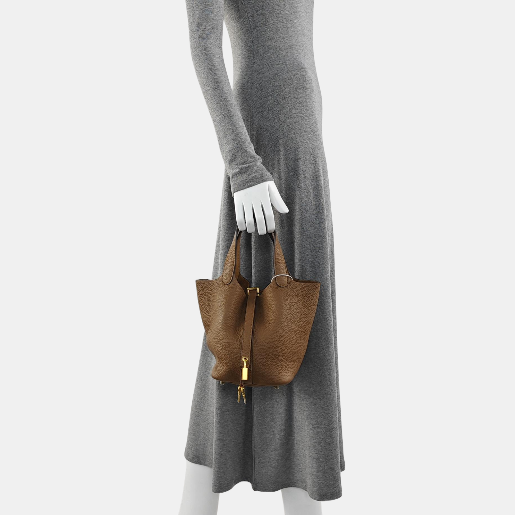 Authenticated pre-owned  Picotin Lock 18 Clemence Brown - Bucket Bag at Looply