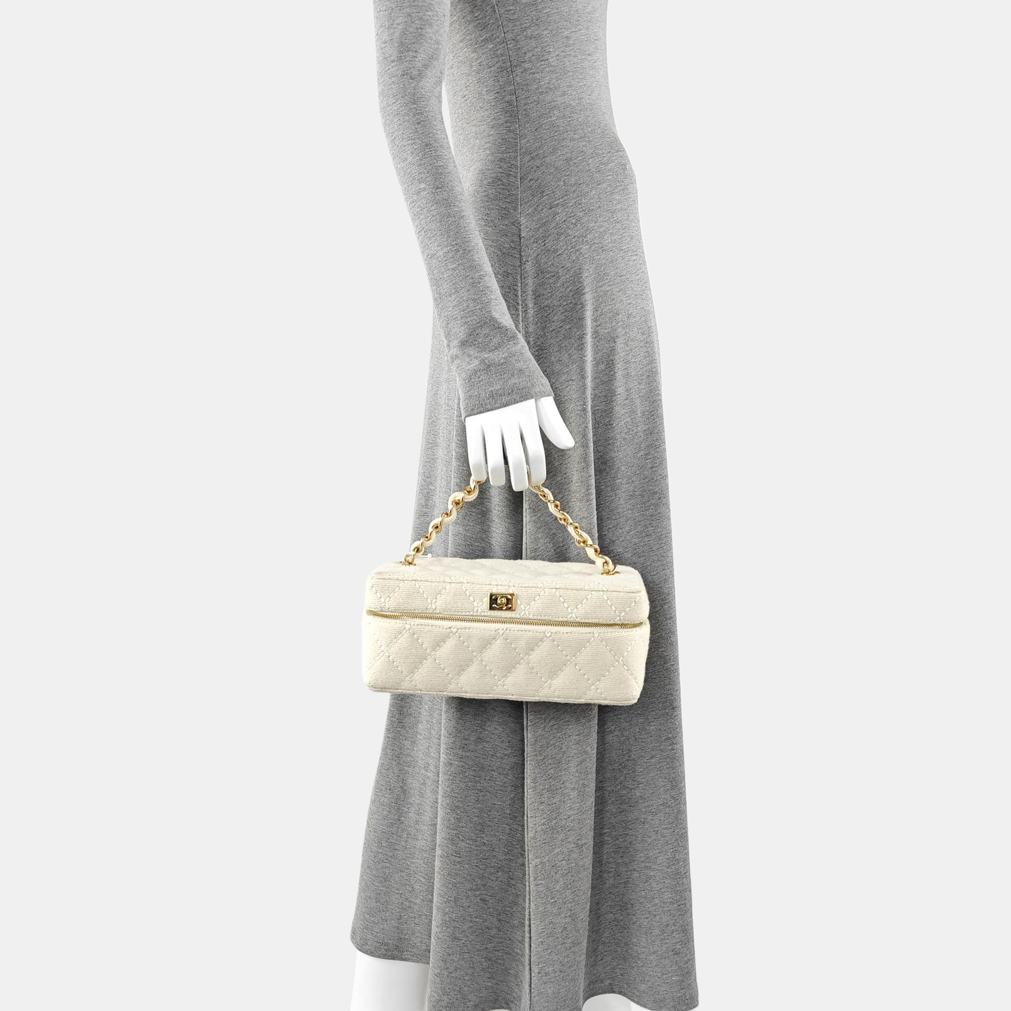 Quilted Fabric Top Handle Bag Beige