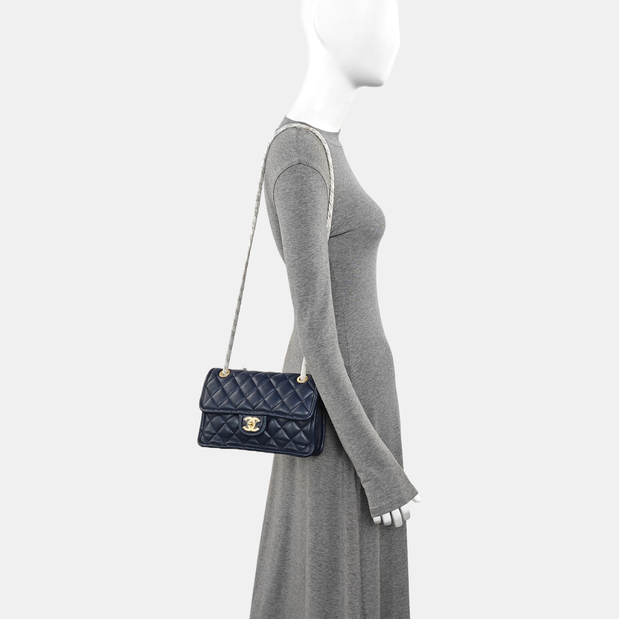 Quilted Grained Calfskin Shoulder Bag Medium Blue