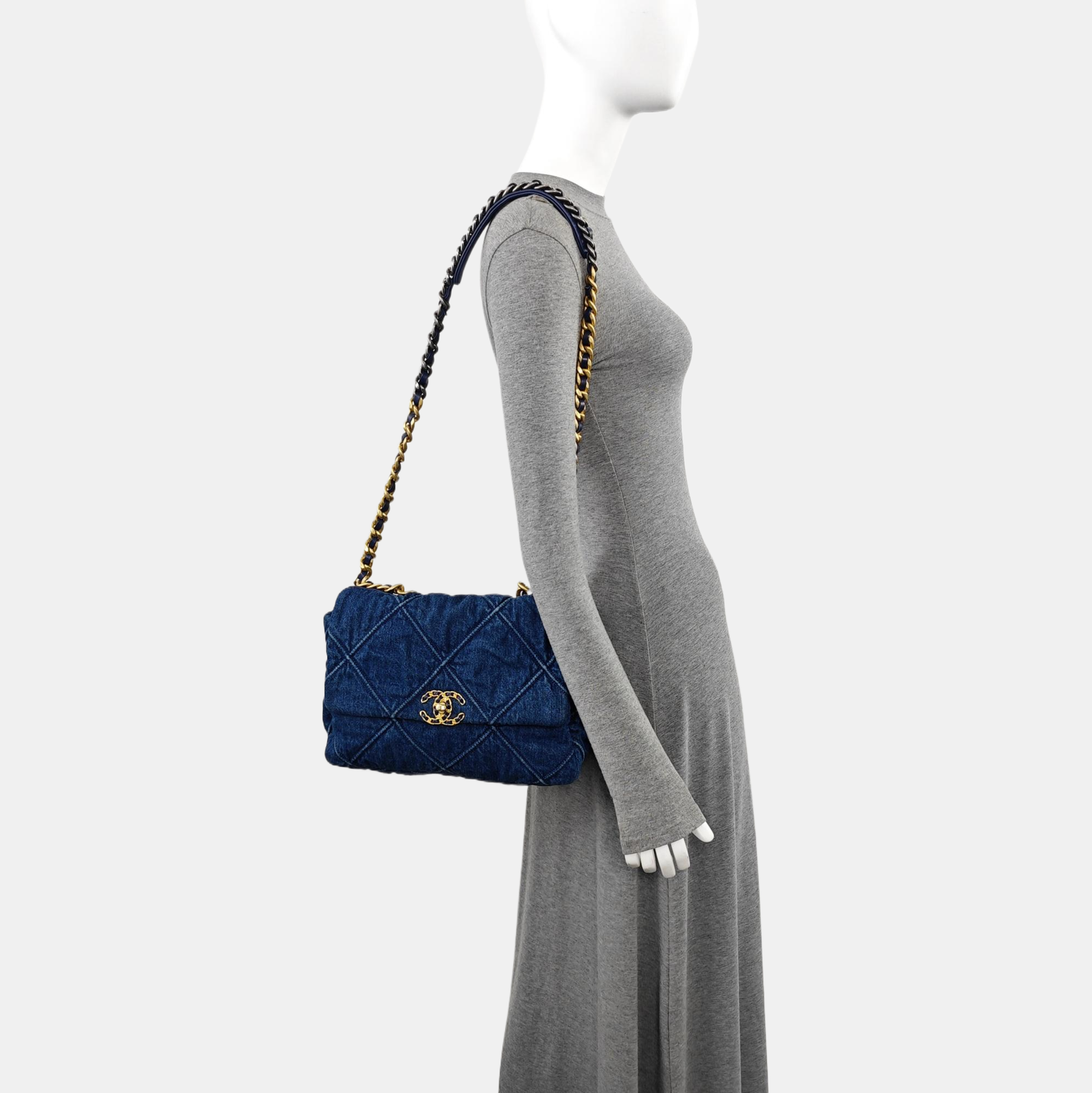 CHANEL 19 Large Quilted Denim Blue