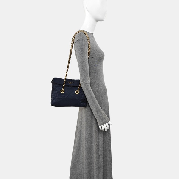 Quilted Nylon Shoulder Bag Blue