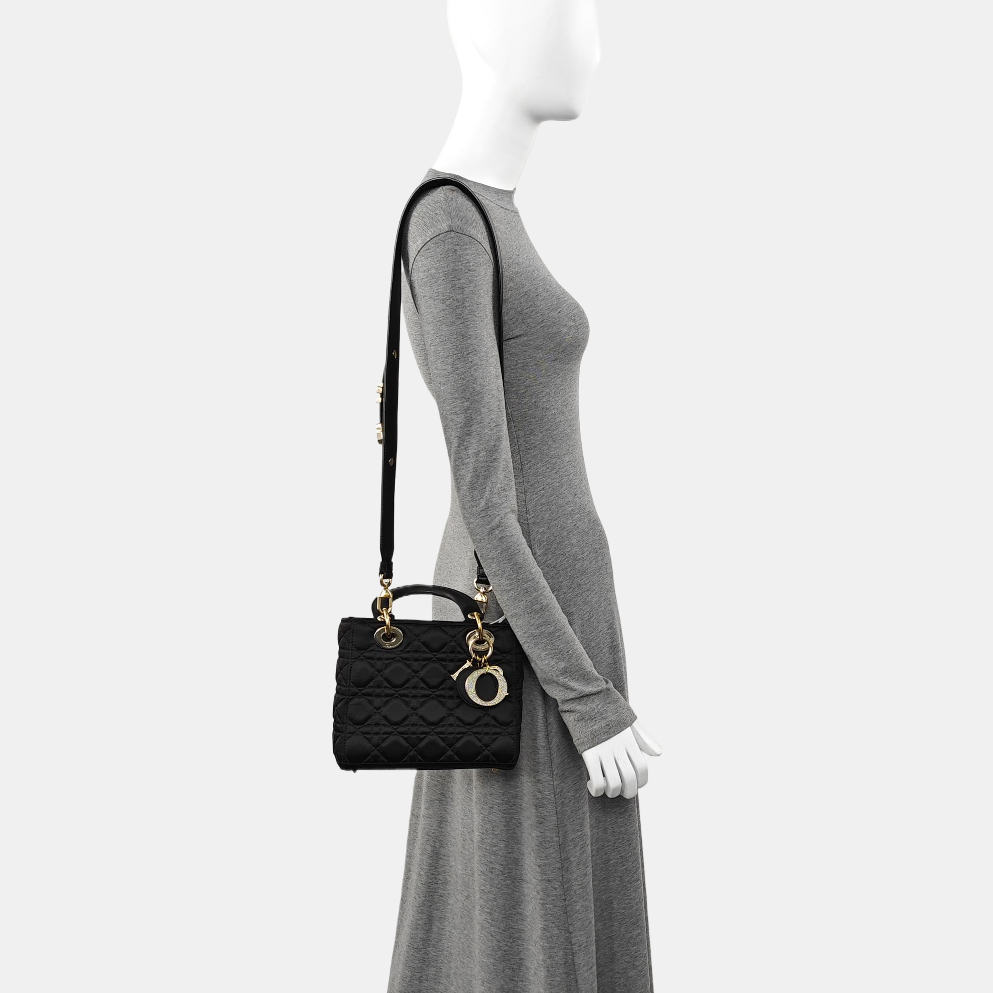 Authenticated pre-owned  Lady Dior Small Quilted Silk Satin Black - Tote Bag at Looply