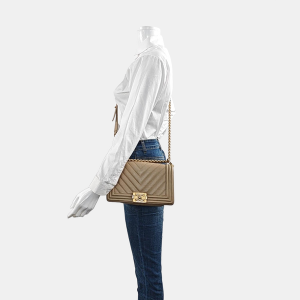 BOY CHANEL Medium Chevron, Quilted Grained Calfskin Beige