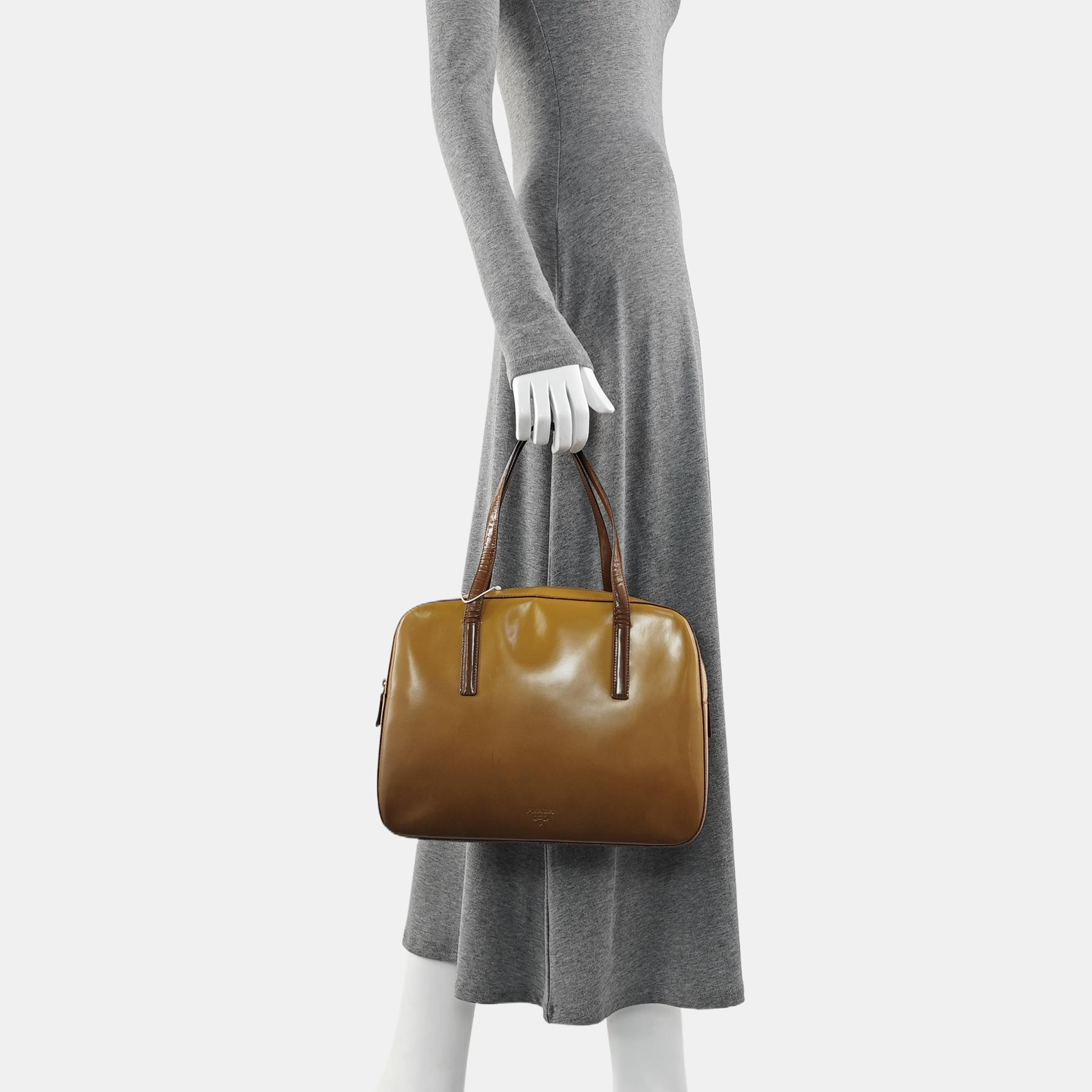 Patent Leather Top Handle Bag Brown