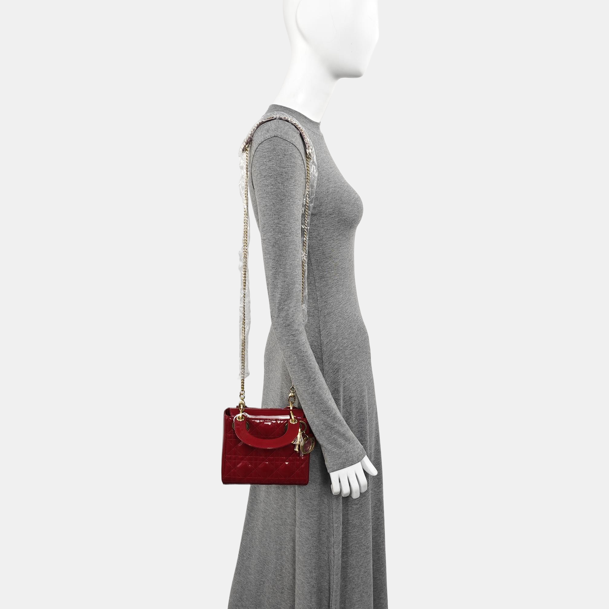 Lady Dior Mini Cannage Patent Calfskin Red