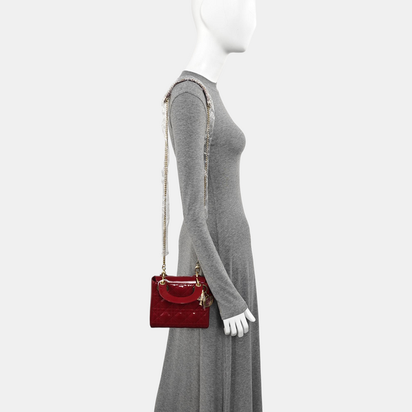 Lady Dior Mini Cannage Patent Calfskin Red