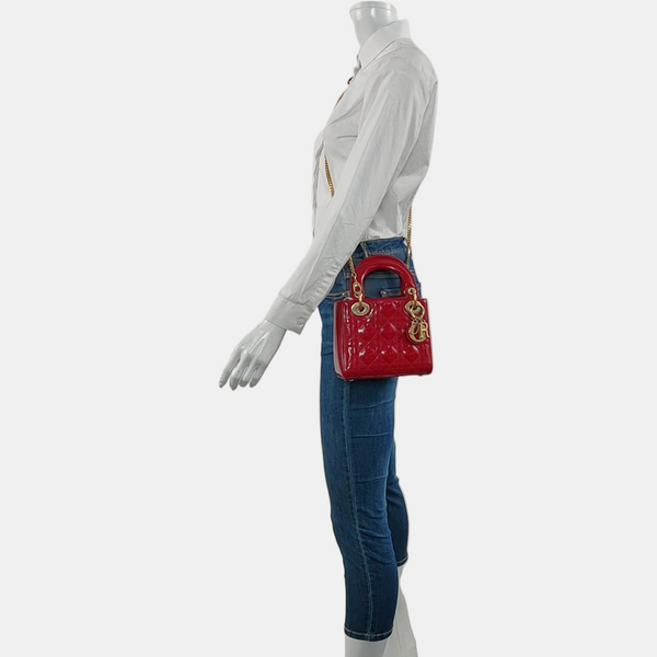 Authenticated pre-owned  Lady Dior Mini Cannage Patent Calfskin Red - Tote Bag at Looply