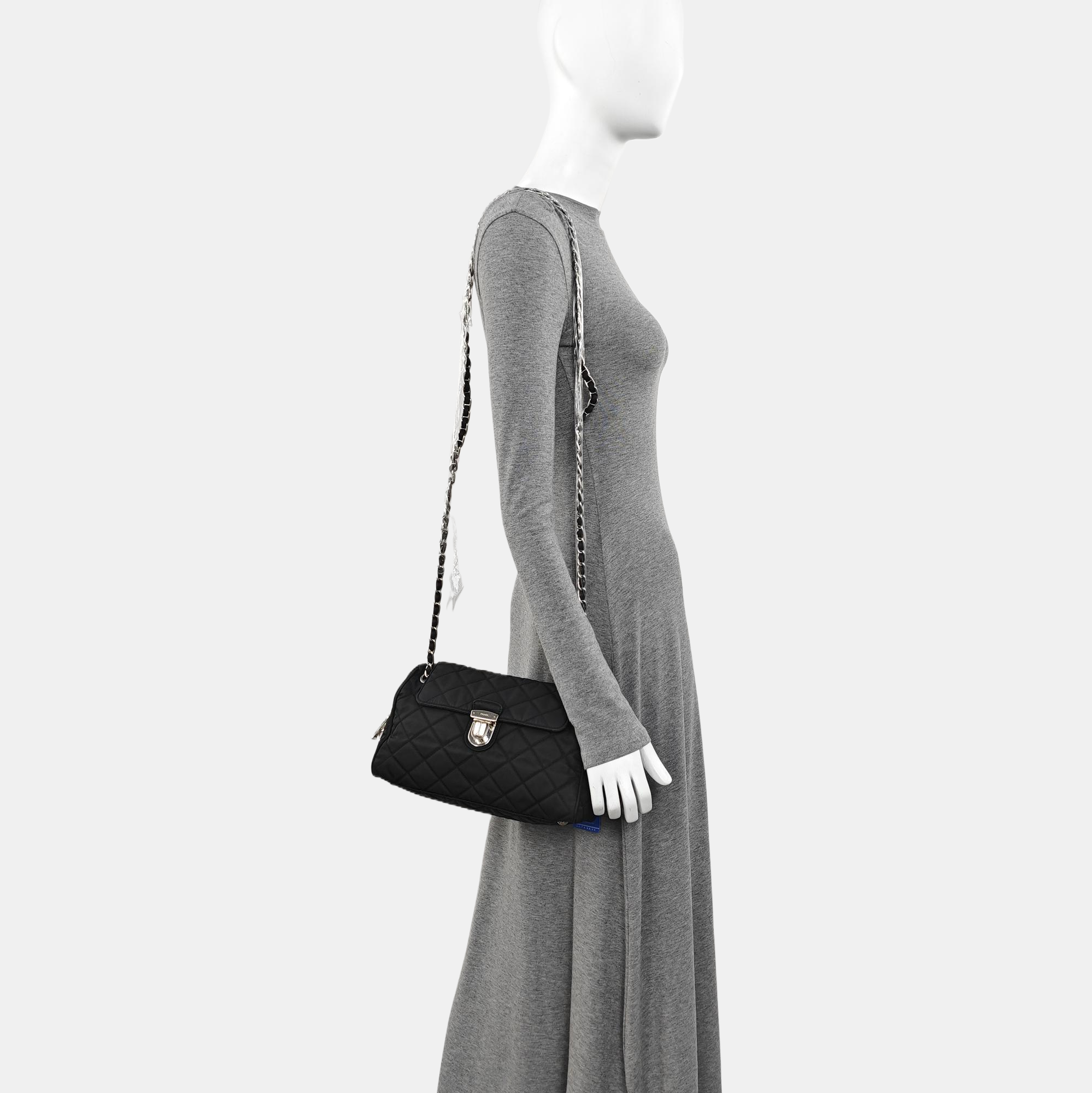 Quilted Nylon Shoulder Bag Black