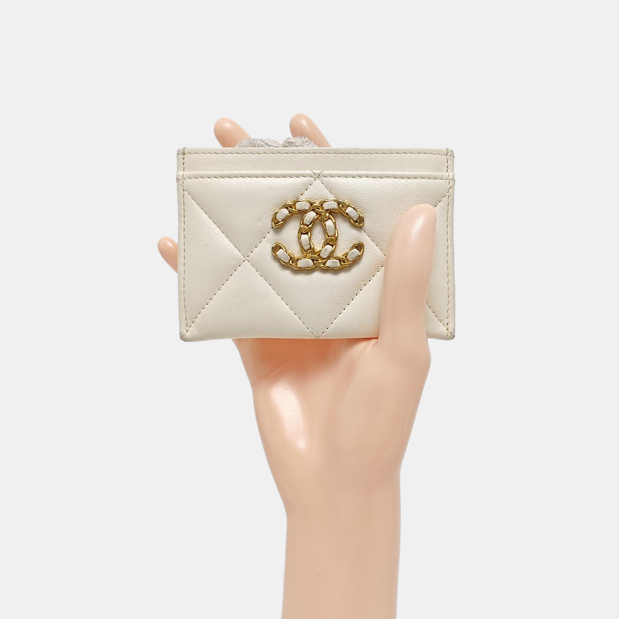 Authenticated pre-owned  CHANEL 19 Quilted Lambskin White Card Holder - Card Holder at Looply