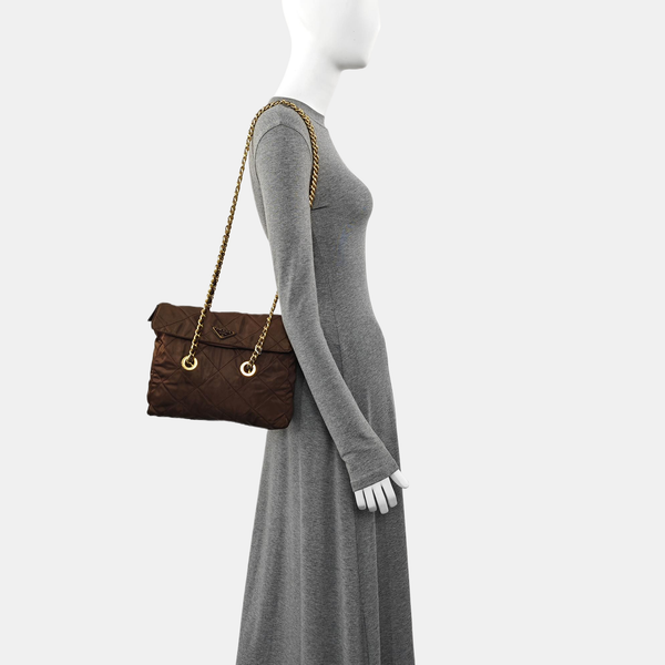 Quilted Nylon Shoulder Bag Brown