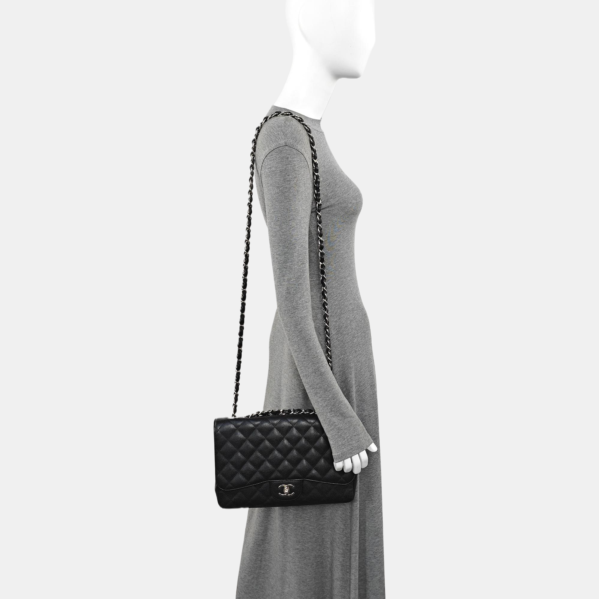 Quilted Grained Calfskin Shoulder Bag Large Black