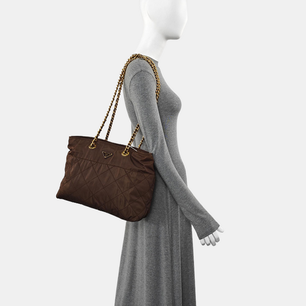 Quilted Nylon Tote Bag Brown