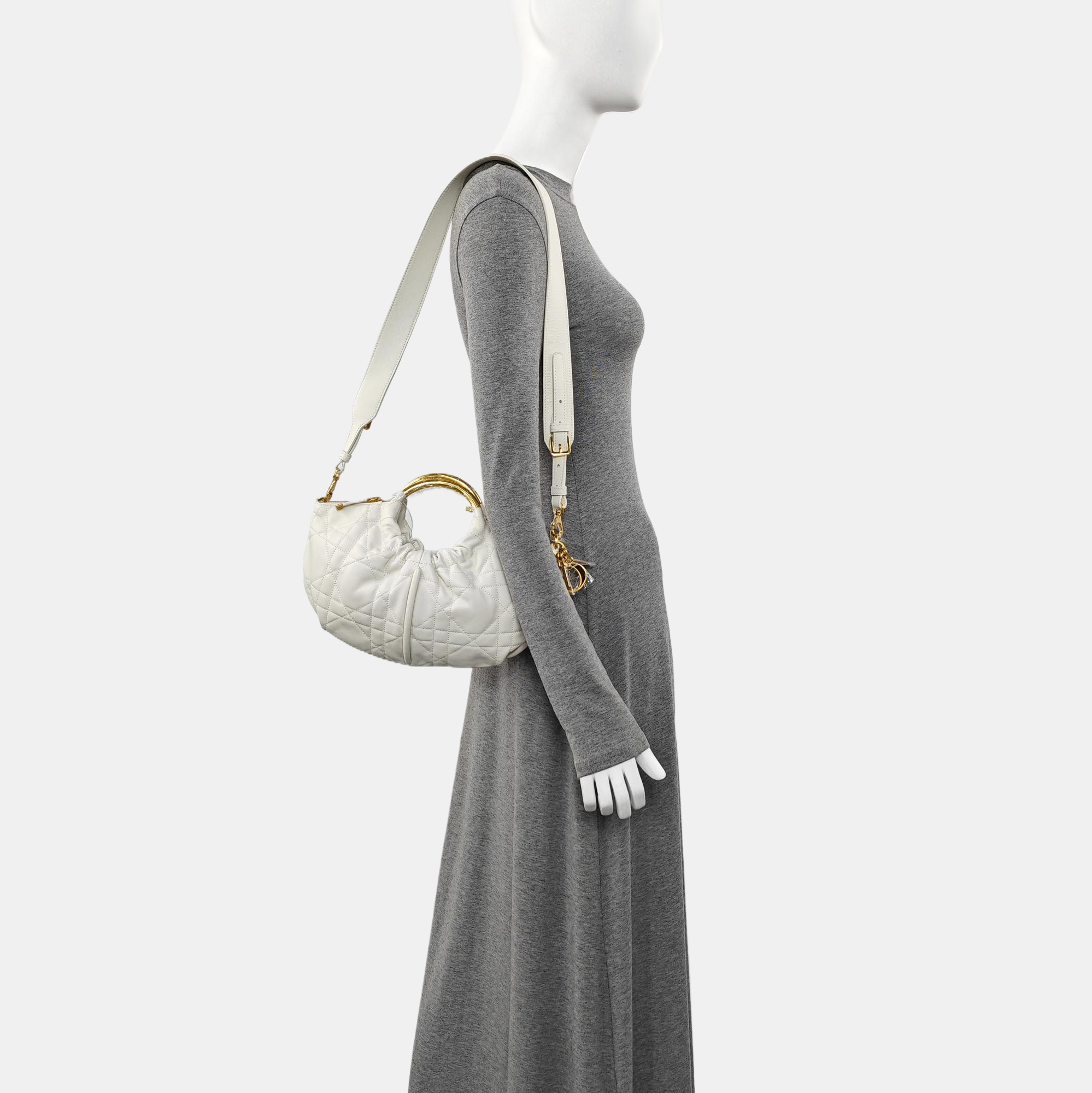 Cannage Calfskin Shoulder Bag White